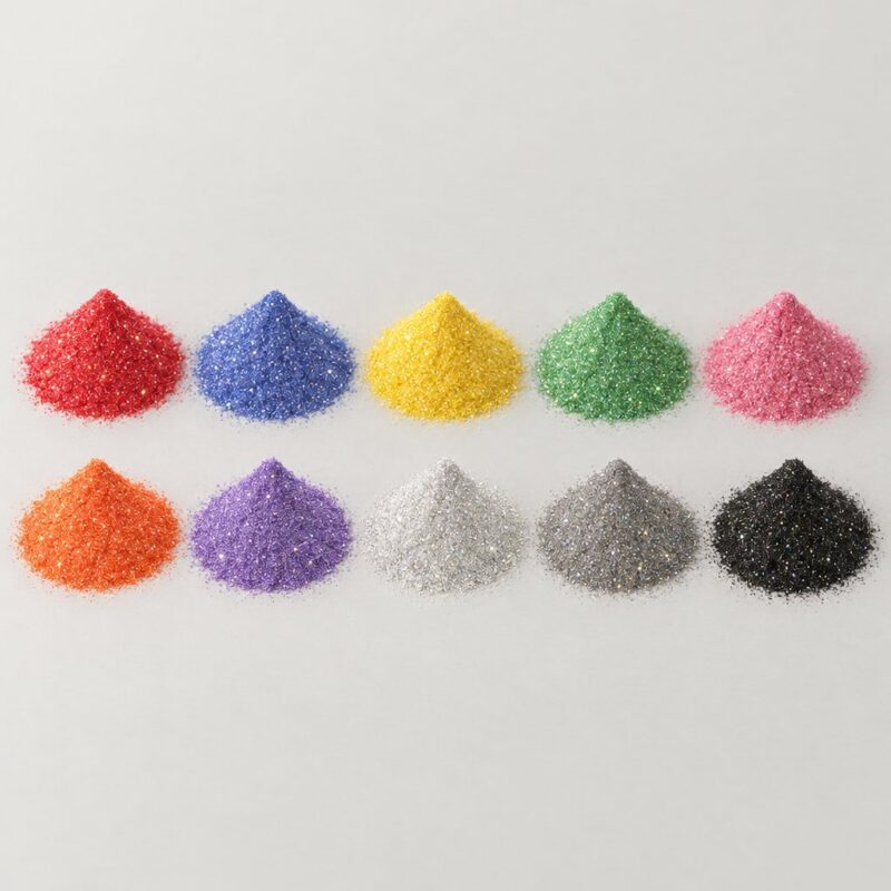 Ten large mounds of glittering premium sparkle tablet binder powder in ruby, sapphire, emerald and silver tones