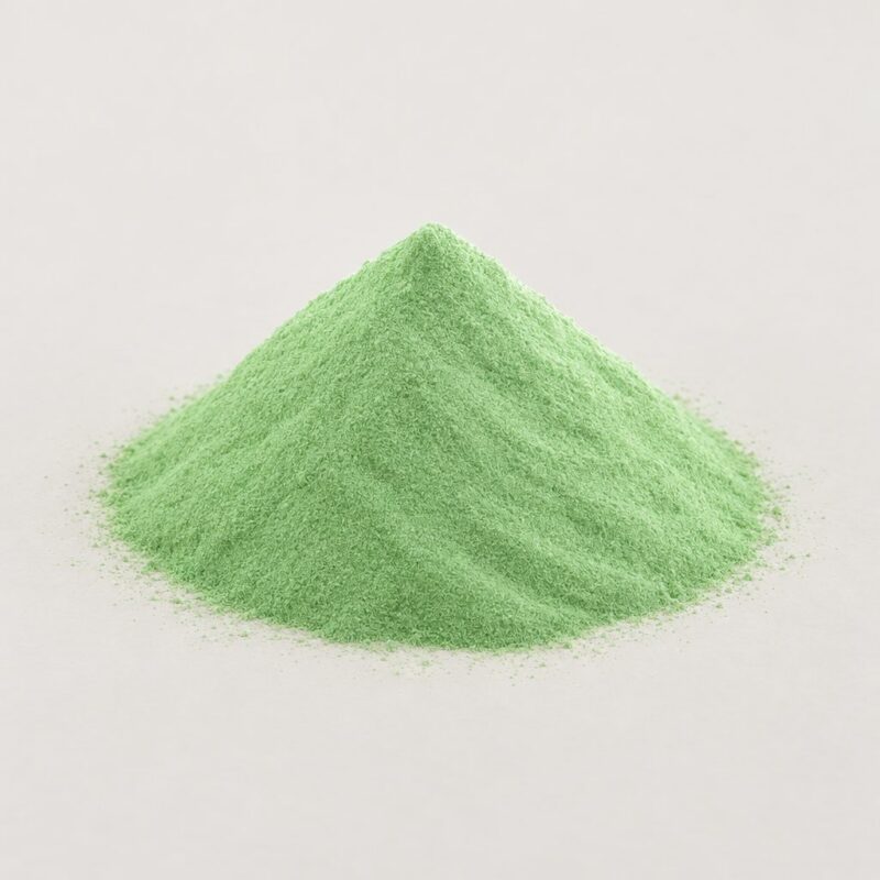 Mound of vivid green ready mix tablet binder powder, a colored pill binder for herbal and greens tablets