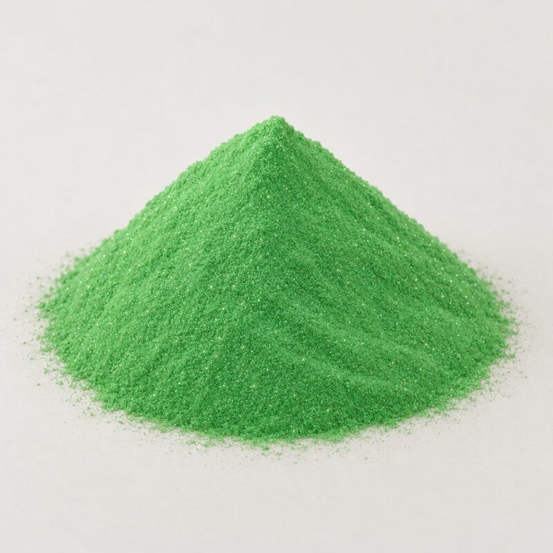 Mound of emerald green sparkle ready mix tablet binder powder with fine glitter