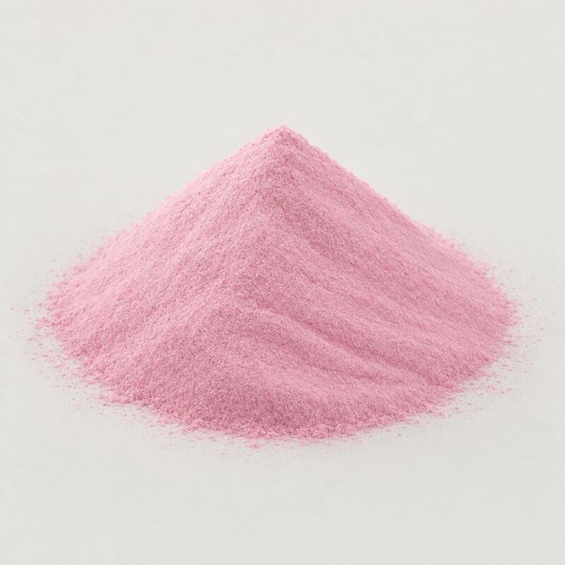 Mound of soft strawberry-pink ready mix tablet binder powder, a colored pill binder