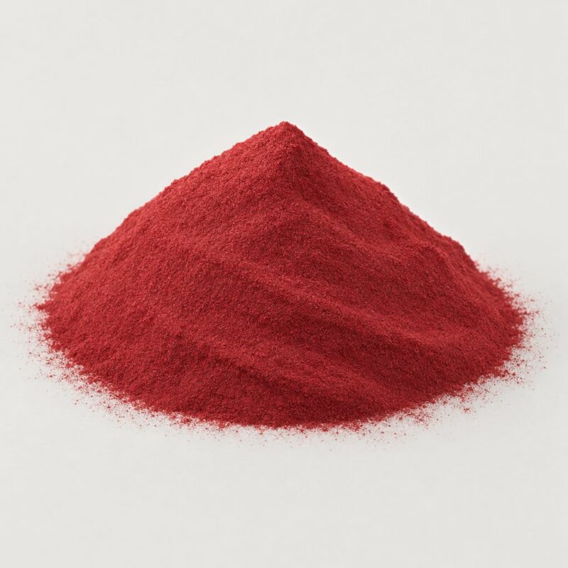 Mound of bright red ready mix tablet binder powder, a colored pill binder for vitamin and supplement tablets