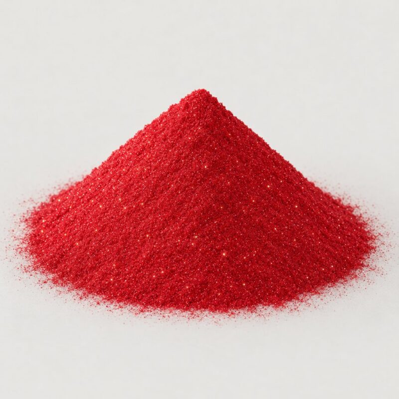 Mound of ruby red sparkle ready mix tablet binder powder with fine glitter